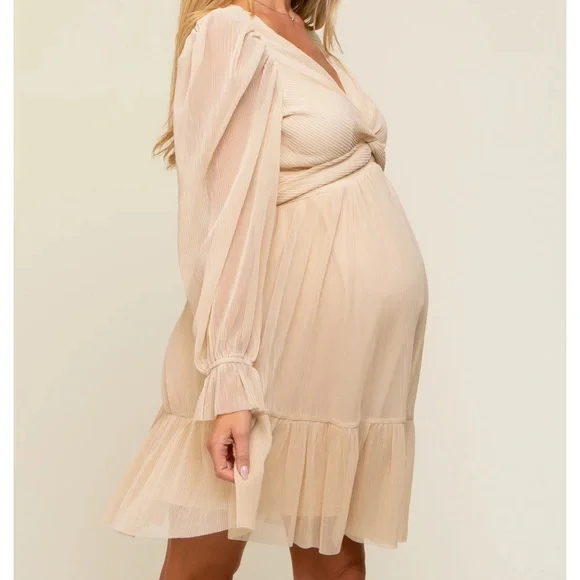 NWT Listicle Beige Pleated Knotted Long Sleeve Dress - Picture 2 of 6